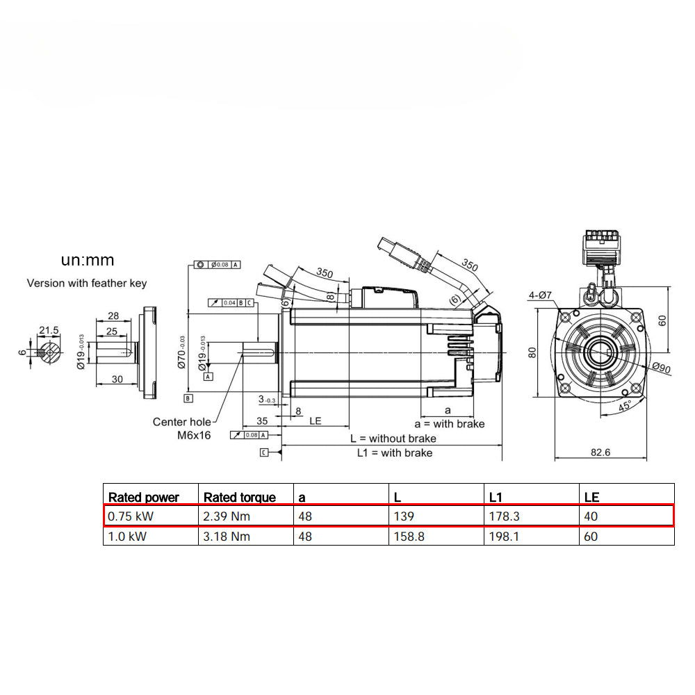 Siemens V90 Low Inertia Motor 750W 1FL6042-2AF21-1LA1 6SL3210-5FB10-8UF0 2.39NM 3000RPM with 3m cable